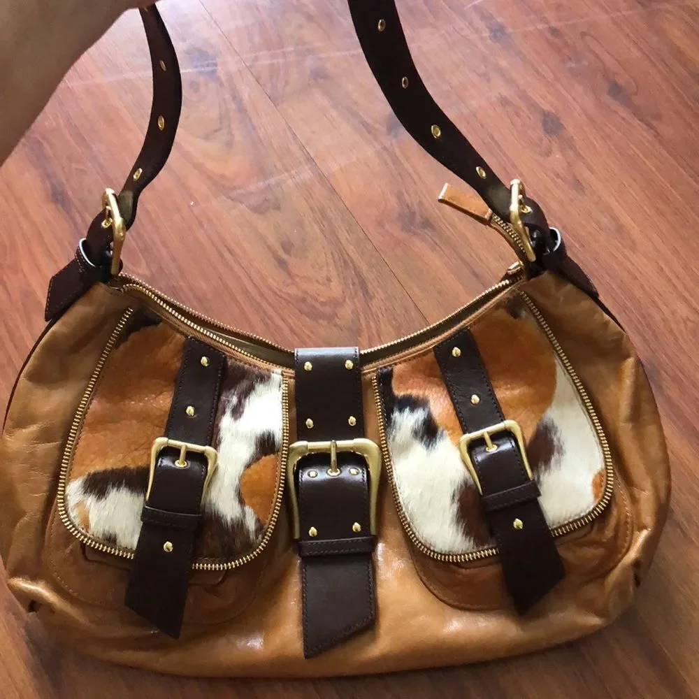 Sondra Roberts Tan, Brown & White Hobo Bag with Haircalf Accents
